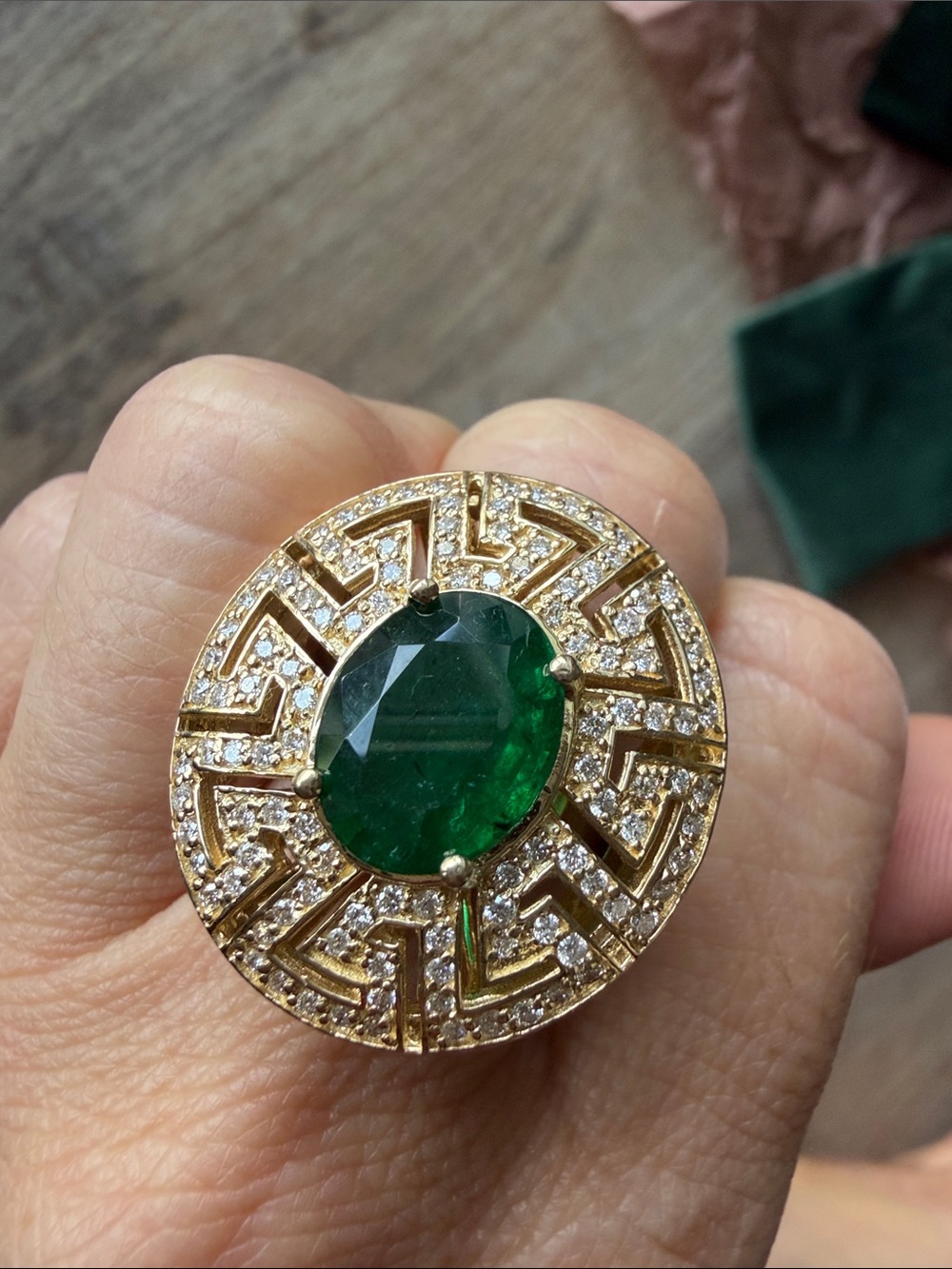 14k Gold Ring with Emerald Green Center and Pavé Accents
